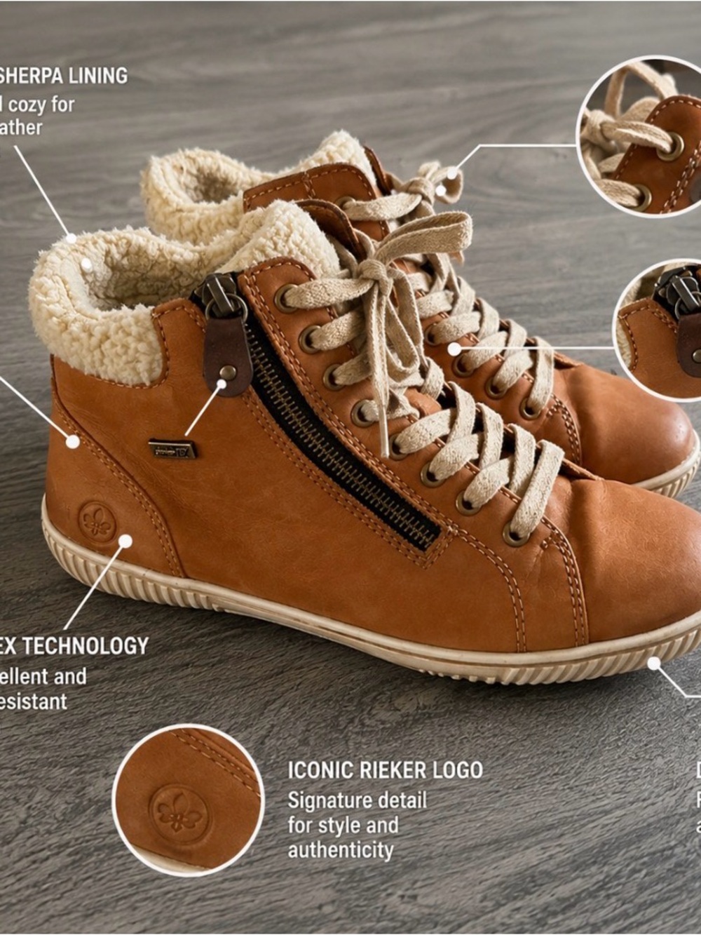 Remonte Men's Brown Sherpa-Lined Lace-Up Sneakers with Side Zipper